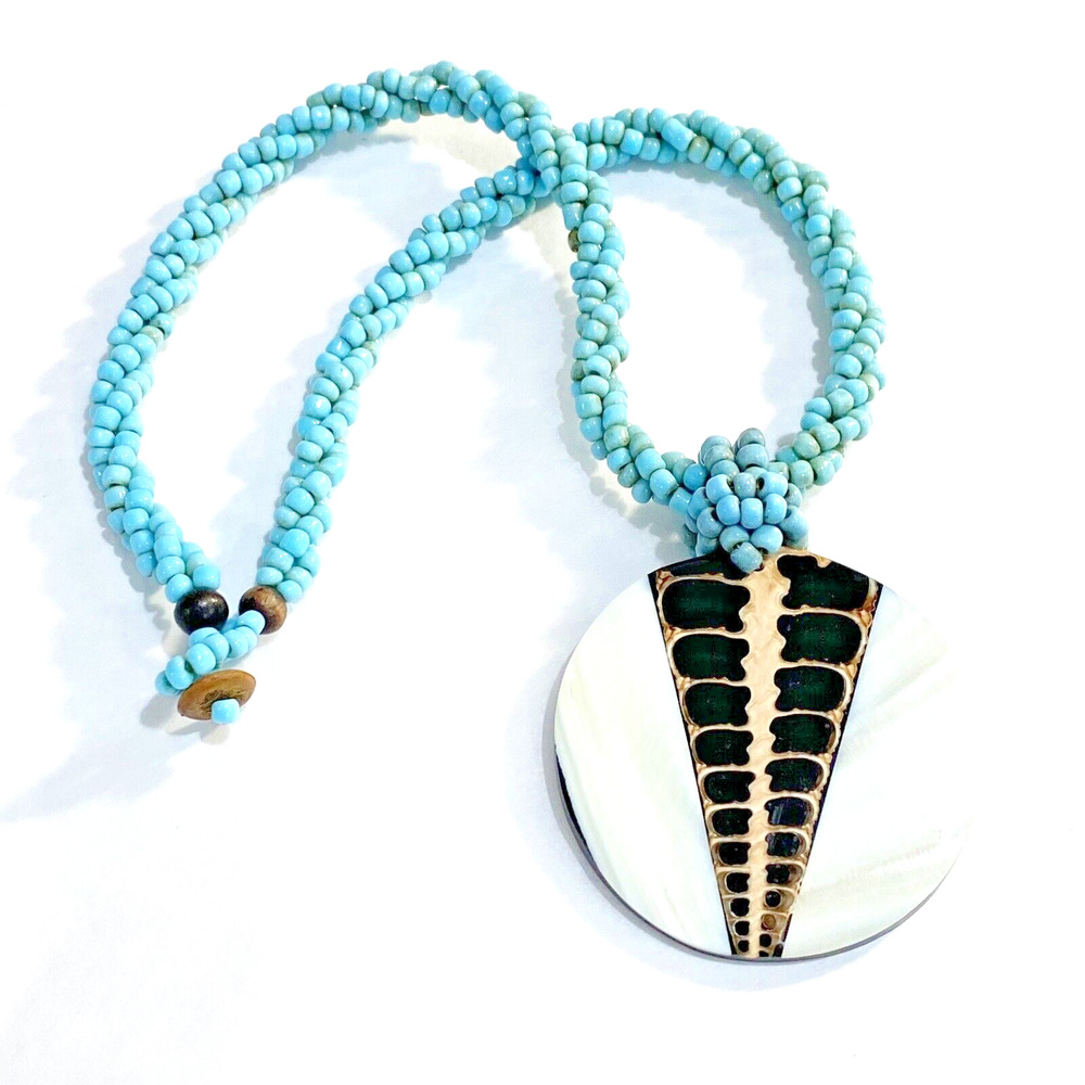 Unique Blue Beaded Necklace Carved MOP Shell Pendant tribal beachy Boho collar - Picture 7 of 7